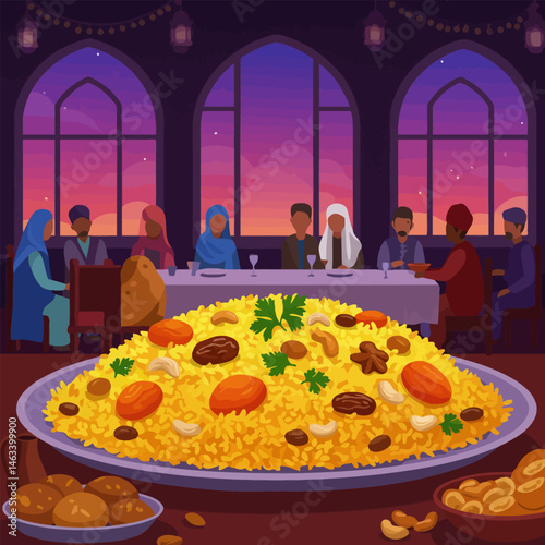 Serving Rice Dish to People at Dinner Celebration with Festive Mood
