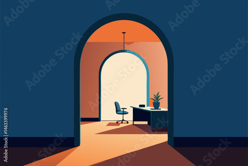 arch framed office with soft plaster walls 