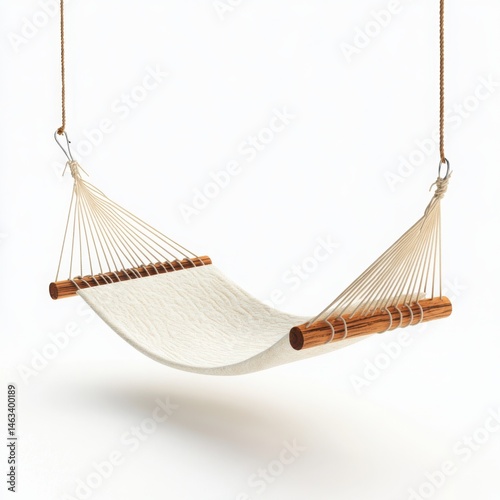 Hanging hammock with ropes and wooden bars isolated on white background
