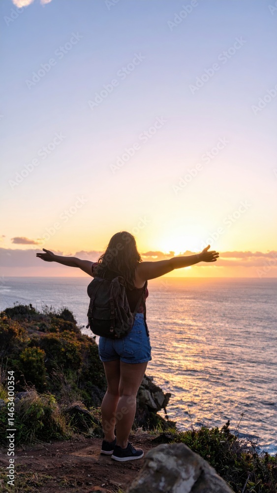 Fototapeta premium Traveler Standing on Cliff Overlooking Ocean at Sunrise with Arms Wide Open Embracing Freedom and Spirit of Exploration