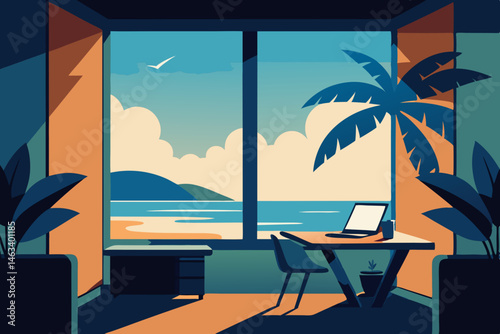 beachside office with open windows  sea breeze 