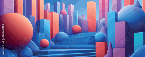 Surreal abstract landscape with vibrant geometric shapes and stairs.