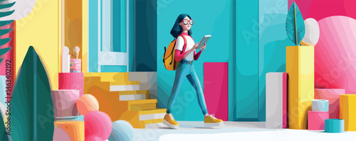 Young woman exploring urban scene with tablet in hand amidst colorful modern art.