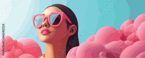 Stylish young woman in pink sunglasses surrounded by vibrant clouds against blue sky.