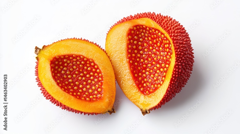 Red fruit halves, sliced open, on white background