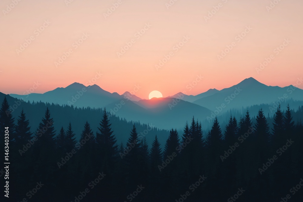 Obraz premium Serene Sunset over Silhouetted Mountains and Pine Forest Landscape