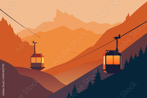 cable cars glowing orange as they glide through 