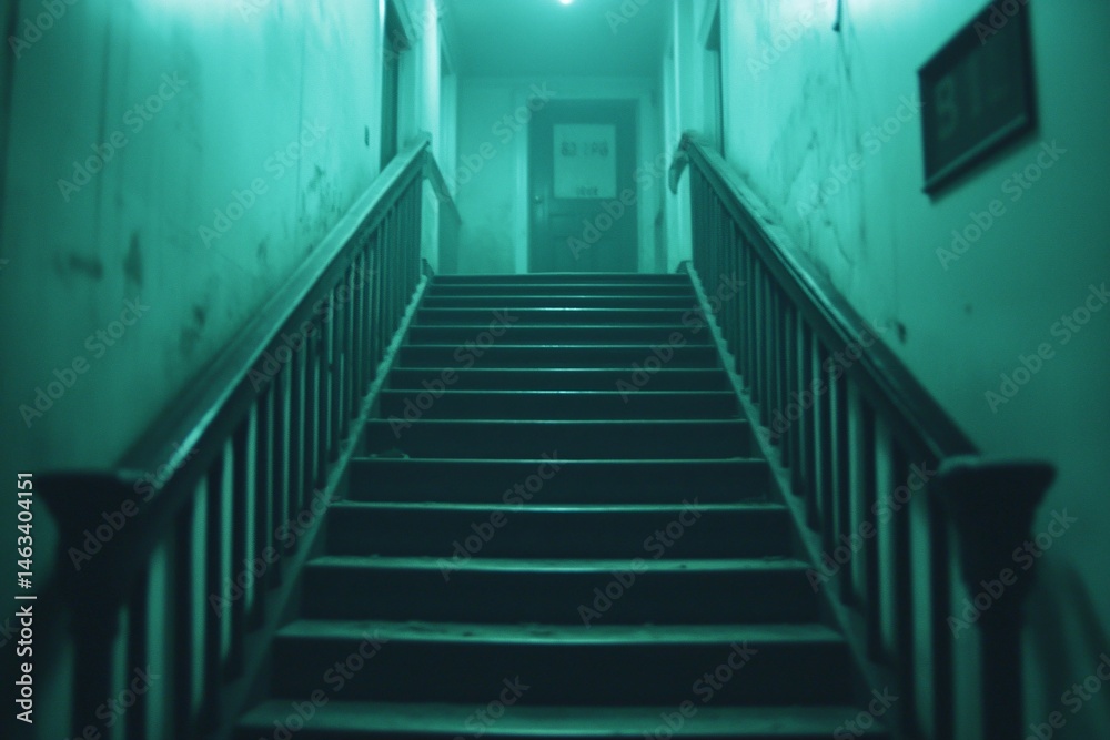 Fototapeta premium Mysterious Dark Green Staircase in Abandoned Building Creepy Old House Interior Spooky Hallway