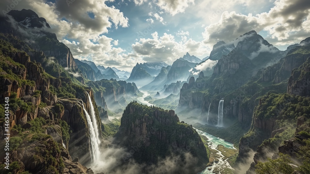Obraz premium Majestic Mountains Soaring Above Cascading Waterfalls