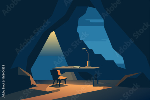 cave office with natural stone desk and firelight .svg