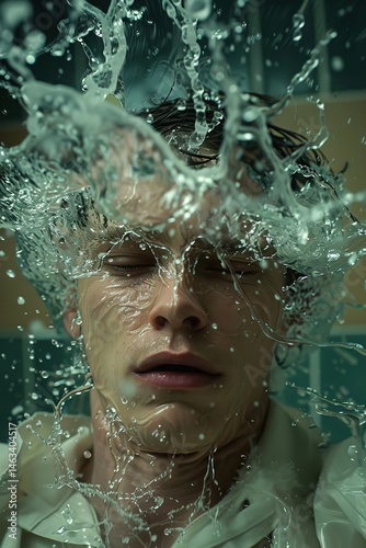 Close-up of a person experiencing a dramatic splash of water on their face