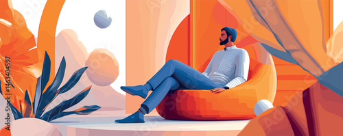 Man relaxing on orange bean bag in modern abstract setting with geometric shapes.