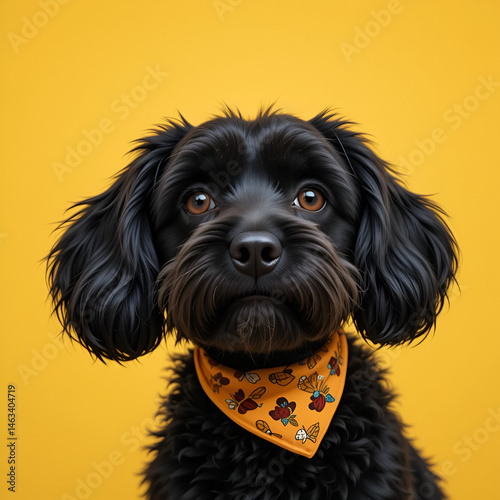 Cute black dog with neckerchief on yellow background