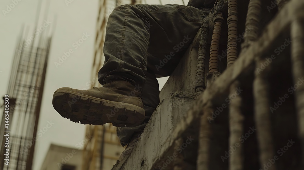 Fototapeta premium Construction Worker Sitting on Unfinished Building Frame