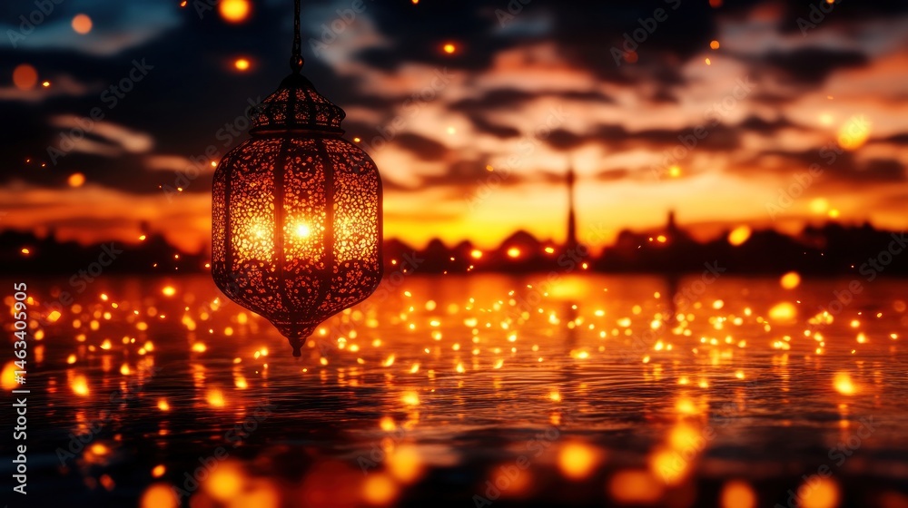 Obraz premium Enchanted Sunset: A Glimmering Lantern Reflects on Calm Waters