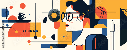 Abstract geometric art with colorful shapes and modern human profile.