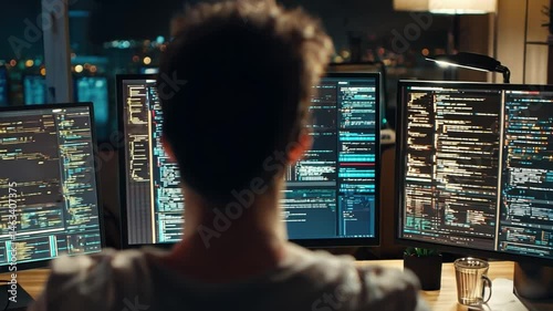 Night Coder: A focused programmer works late into the night, surrounded by multiple computer monitors displaying lines of code. The city lights twinkle in the background.