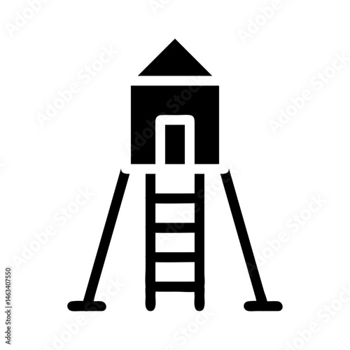 Stylized black and white icon of a treehouse or elevated cabin structure