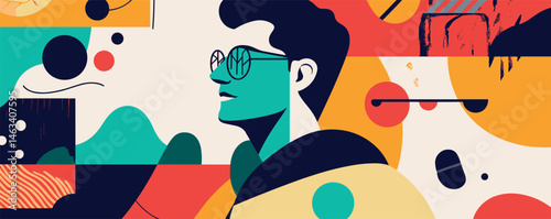Colorful abstract art featuring contemplative man in sunglasses with geometric shapes.