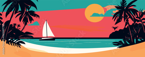 Vibrant tropical seascape with sailboat and palm trees at sunset.