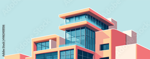 Modern geometric building with glass windows and colorful facade against clear sky.