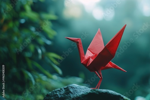 Red origami crane perched on a rock in a serene natural setting