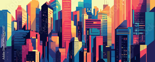 Vibrant abstract cityscape with colorful geometric skyscrapers at sunset.