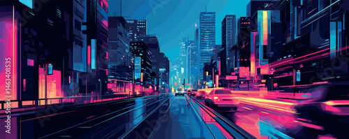 Vibrant city nightscape with neon lights and moving traffic in a futuristic urban setting.