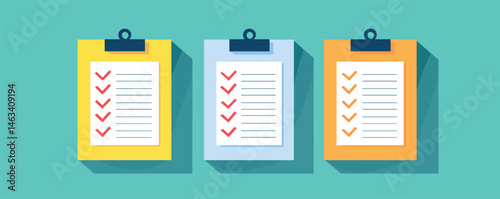 Colorful clipboards with checklist icons on teal background.