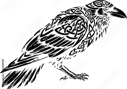 Detailed raven illustration showcases black Celtic knot designs against a clean white background Perfect for graphic design and artistic projects.