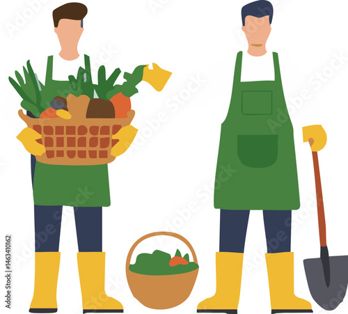 Two farmers with harvested produce and gardening tools illustrate organic farming and agriculture concepts Use for healthy eating themes.