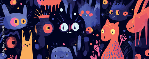 Colorful whimsical creatures with big eyes in vibrant abstract art illustration.