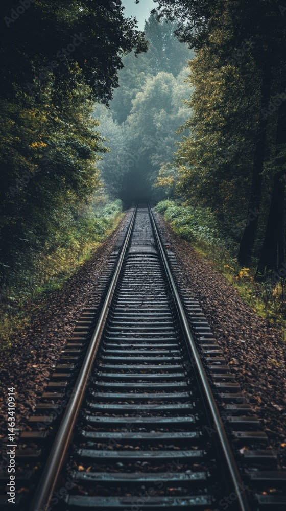 Fototapeta premium Train tracks disappearing into a misty forest