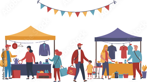 People are shopping at an outdoor market with various stalls and festive flags adding to the vibrant atmosphere Perfect for illustrating community.