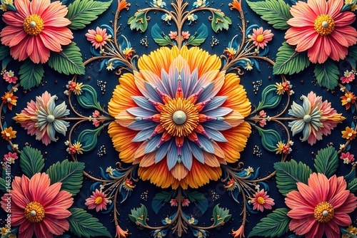 Intricate floral tapestry exhibiting symmetrical details , background, craft