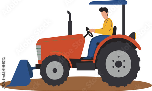 A man is operating a large orange tractor, an agricultural vector illustration on a white background perfect for farming and machinery projects.