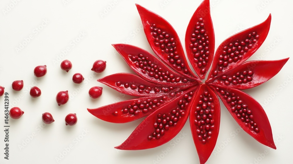 Red Seeds Arranged in Floral Pattern on White Background