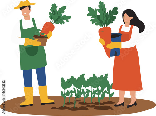 Illustration of people harvesting large carrots in a vegetable garden, showcasing agriculture and healthy eating habits Ideal for gardening and.