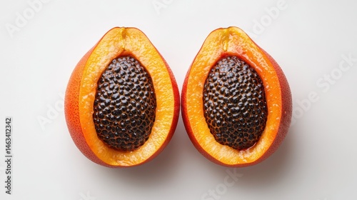 Two halved papaya fruits, seeds visible, on white background
