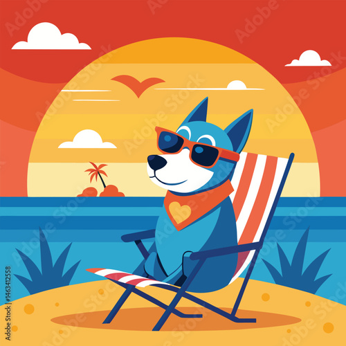 Cartoon Dog relaxing on the beach during a sunny summer vacation