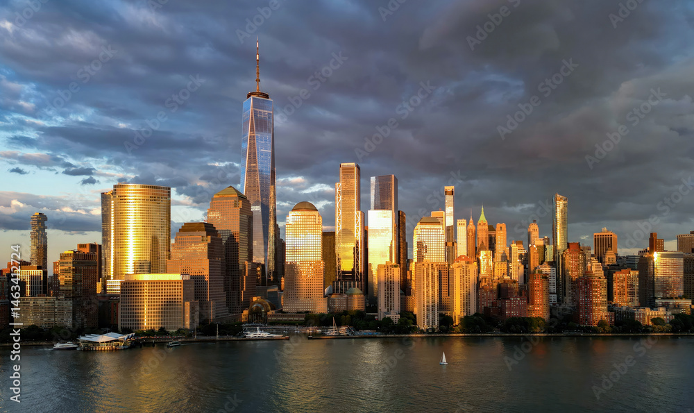 Obraz premium New York City an sky. NYC cityscape with skyscrapers. Aerial panorama of New York City skyline. Manhattan skyline. New York and Hudson River. Downtown NYC. New York skyscrapers from top.