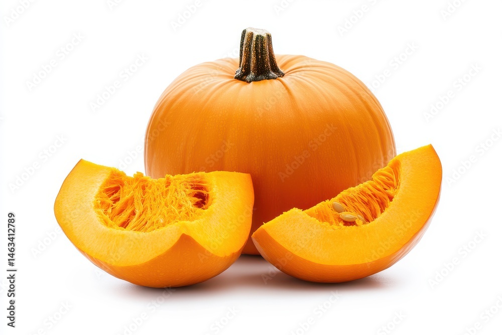 A whole pumpkin with two slices isolated on white background A whole pumpkin with two slices isolated on white background