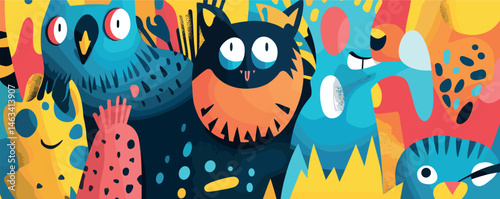 Colorful abstract creatures with playful expressions and bold patterns in vibrant design.