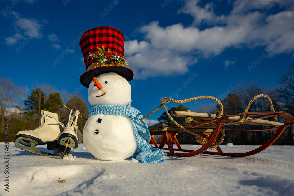 Obraz premium Snowman on snow background. Winter holiday scene. Snowman with scarf and hat. Snow design. Happy snowman outdoor. Snow banner. Frosty snowman. Winter greeting postcard. Cute snow man.