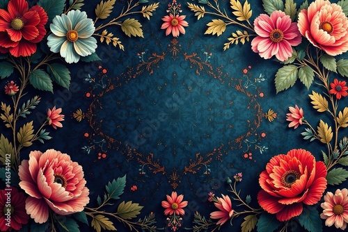 Intricate floral tapestry wallpaper, rich jewel tones, gold, design element