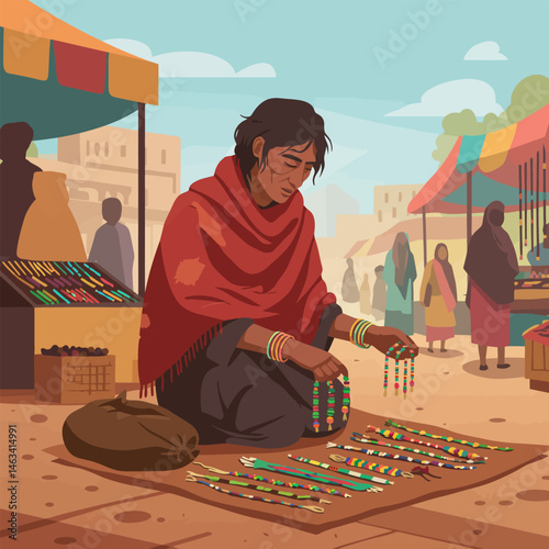 Woman Arranging Colorful Jewelry at Outdoor Market Stall Illustration
