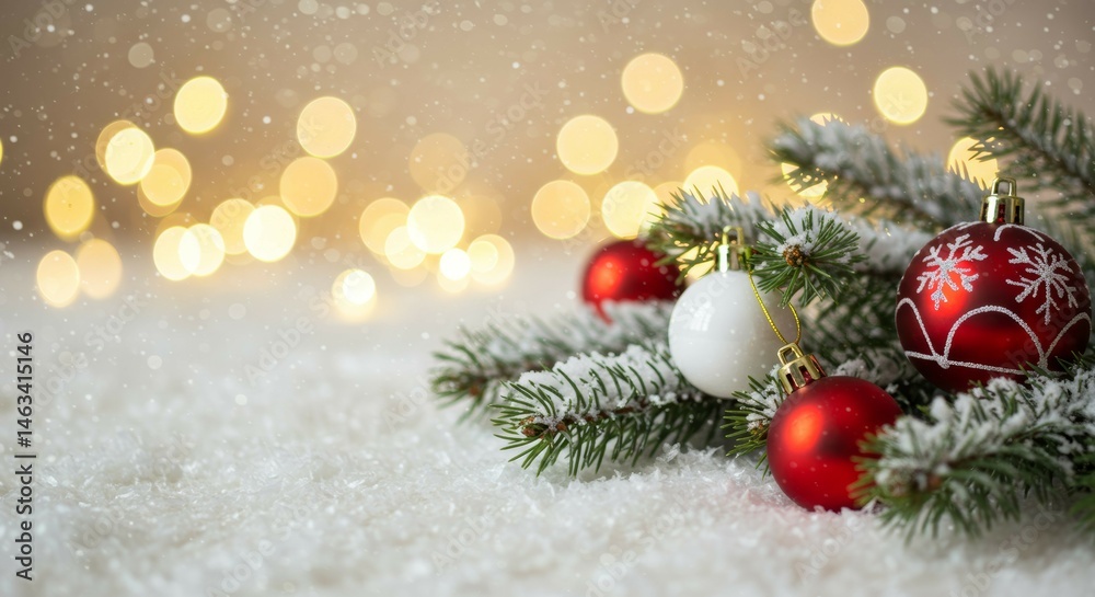 Obraz premium Christmas Ornaments on Snowy Branch with Bokeh Lights