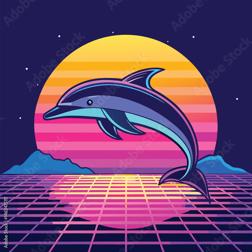 cartoon dolphins leap gracefully from the ocean waves under a vibrant sun, a playful illustration of marine life