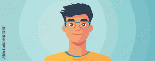 Young man with glasses smiling against blue abstract background.