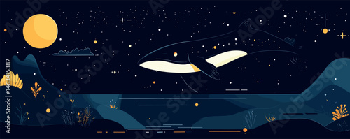 Majestic whale gliding under starlit sky with full moon over ocean landscape.